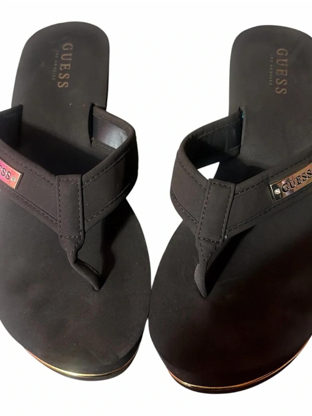 GUESS Dark Brown Wedge Flip Flops with Gold Logo Charm